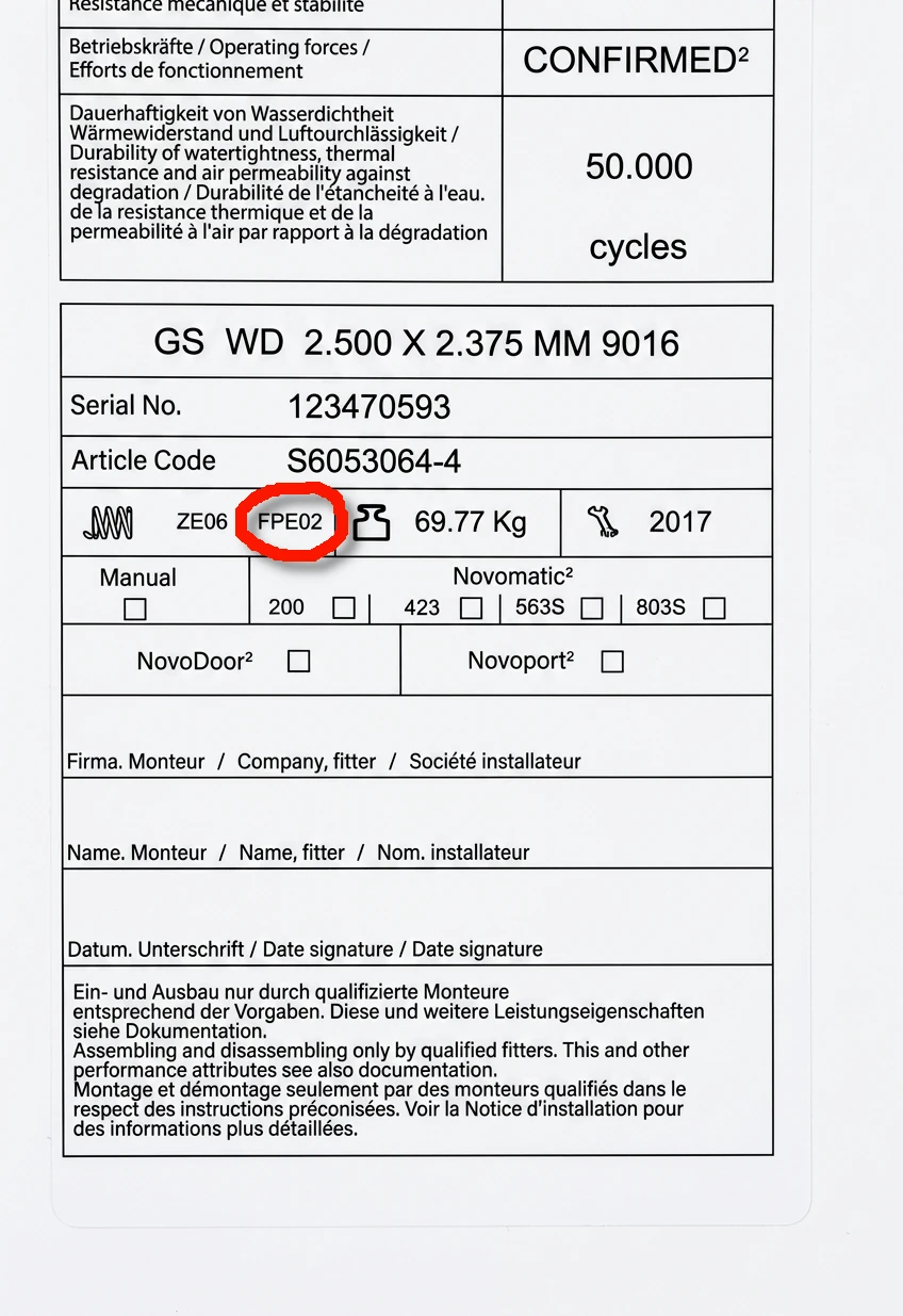 Datenschild der vertikalen Novoferm-Zugfeder