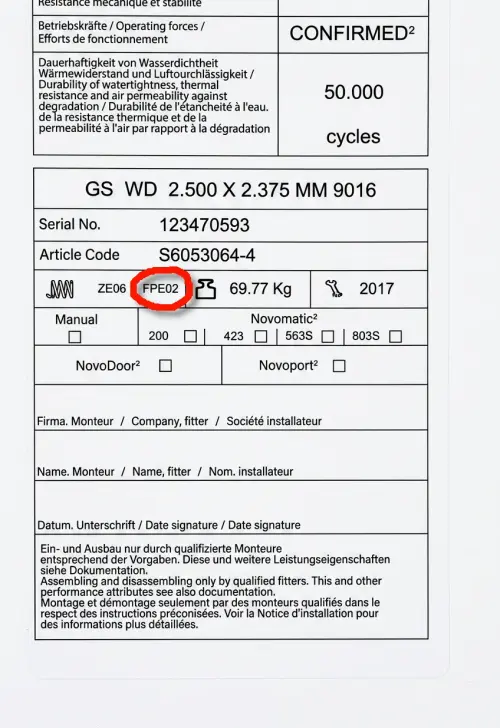 Datenschild der vertikalen Novoferm-Zugfeder