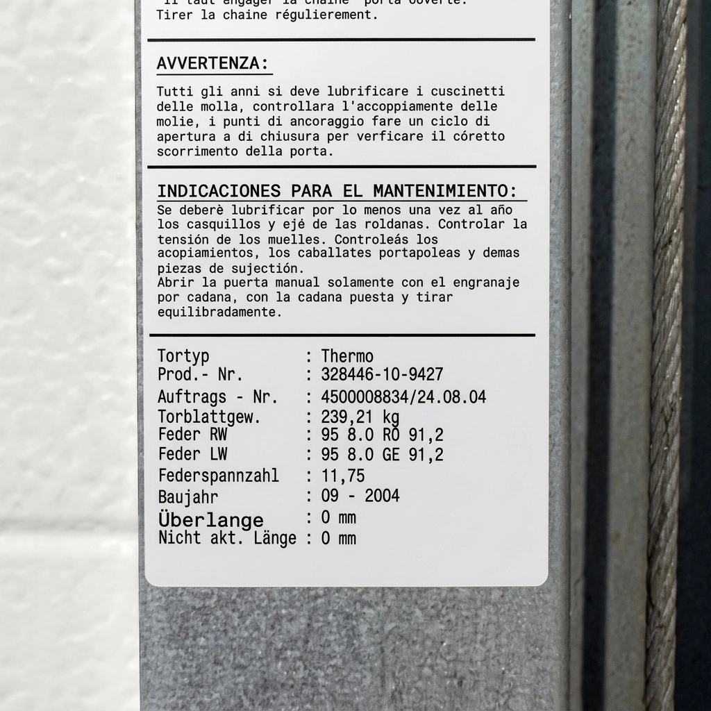 Datenschild der Novoferm Industrie-Torsionsfeder