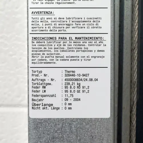 Datenschild der Novoferm Industrie-Torsionsfeder